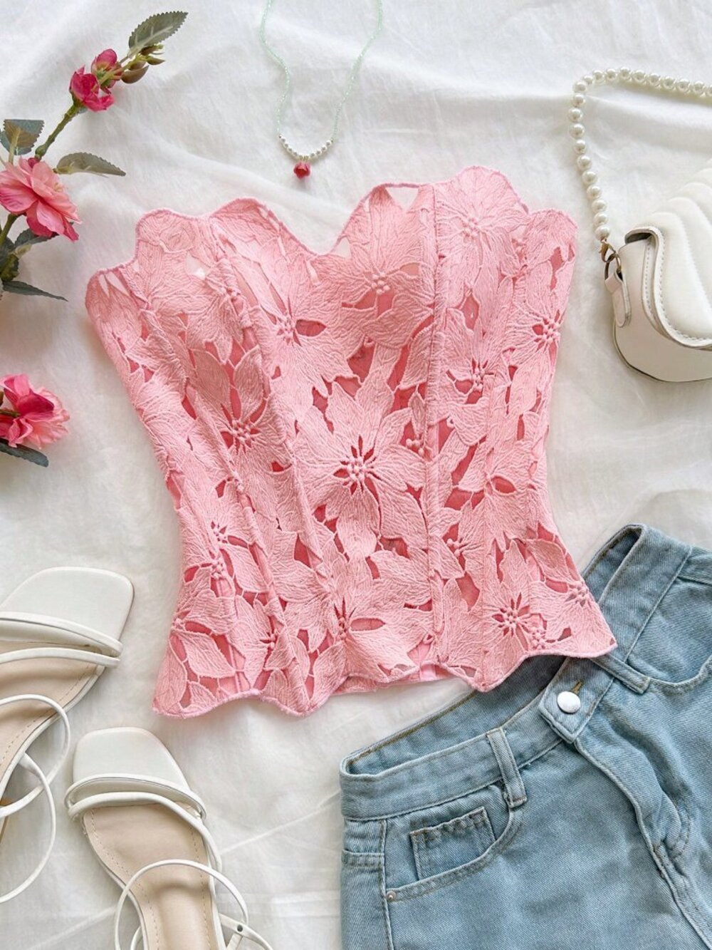Baby Pink Elegant Women's Floral Off-The-Shoulder Lace Corset Bustier